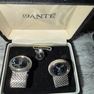 Cufflinks Tie Tack Set Dante Volcano Silvertone Mesh Blue Volcano Glass Vintage